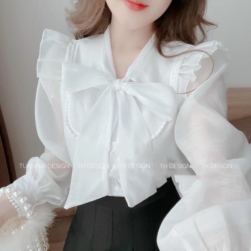 Áo sơ mi voan cổ nơ vai bèo xinh xắn gs110