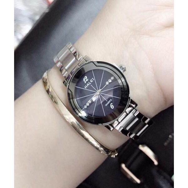 đồng hồ nữ halei dây bạc mặt đen ,HL5523,chống nước,chống xước tốt