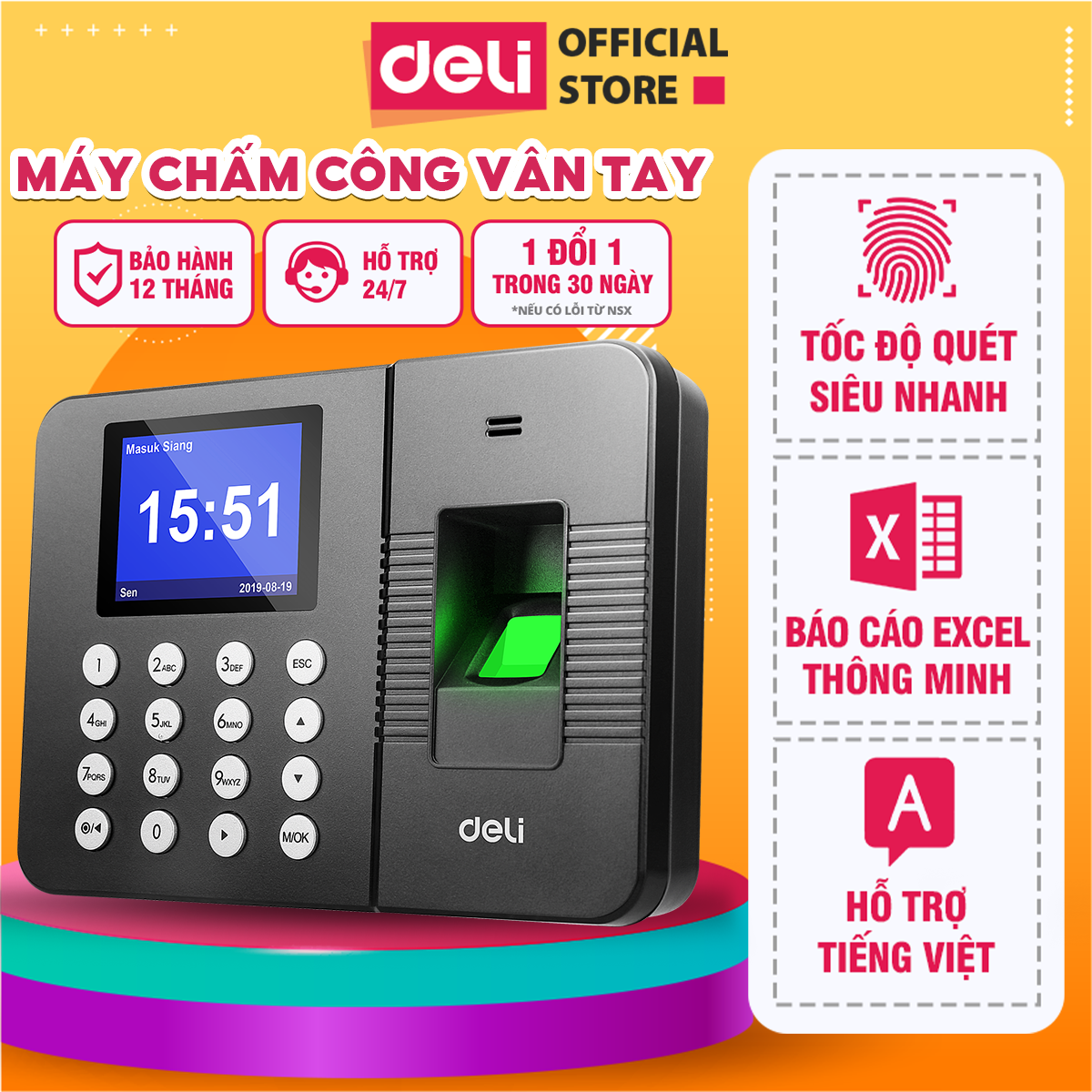 Máy Chấm Công DELI Hỗ Trợ Tiếng Việt Máy Chấm Công Quét Vân Tay Dung Lượng Lưu Trữ Thông Tin Lớn, Báo Cáo Excel Thông Minh, Không Cần Cài Đặt Phần Mềm , Màn Hình LCD 2.4 Inch, Cổng Kết Nối USB Thiết Bị Văn Phòng Doanh Nghiệp