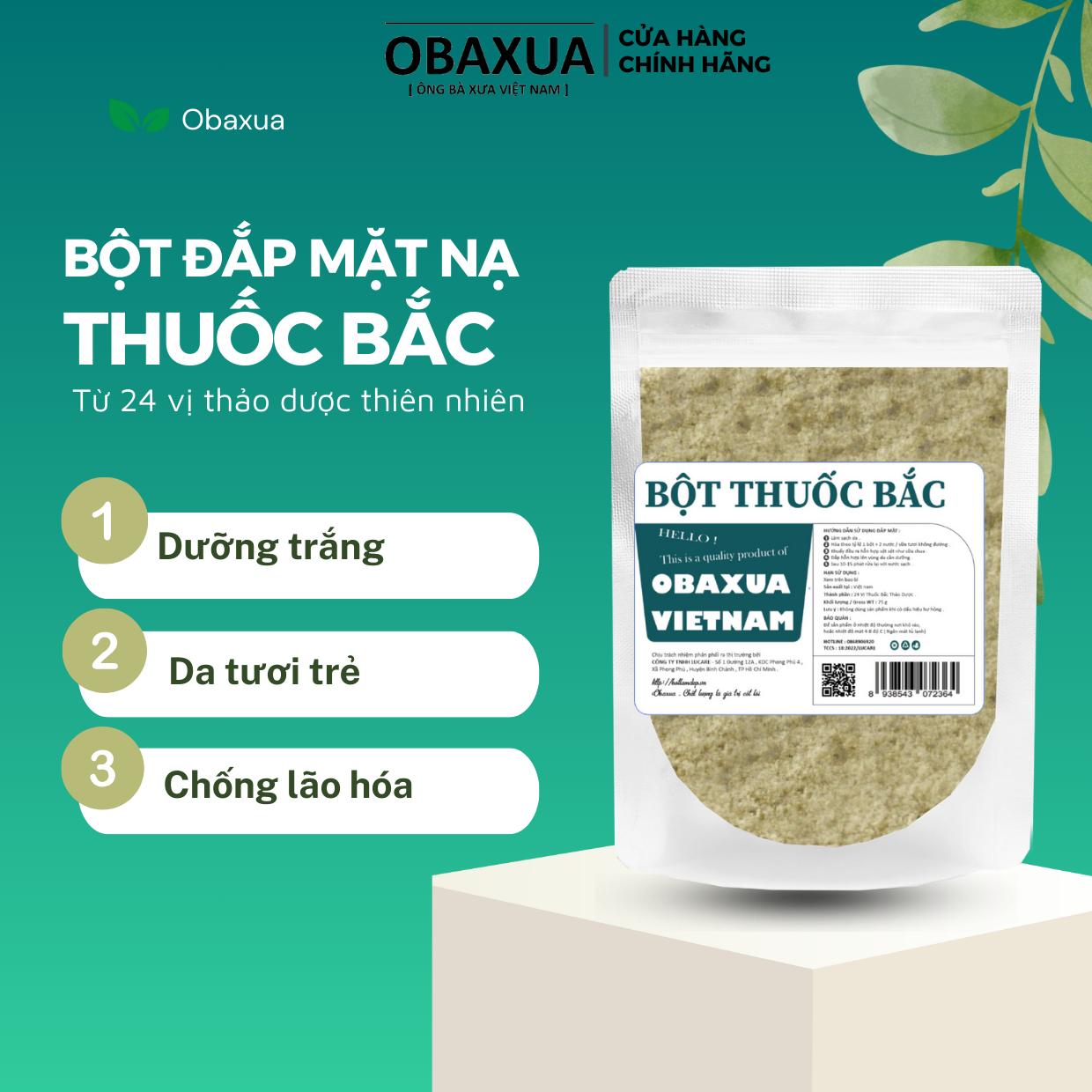 Bột Thuoc Bắc Obaxua - Ủ Trắng Da Mặt, Giảm Mụn và Trẻ Hóa 75Gr