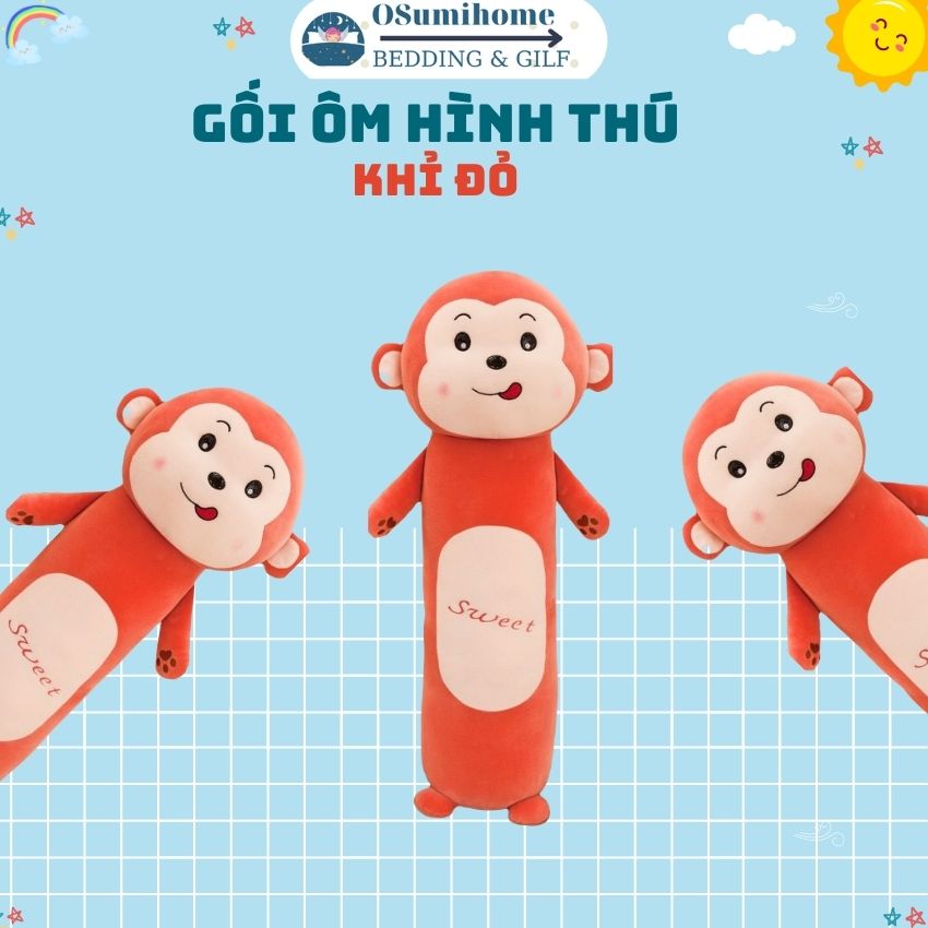 Gối ôm hình thú cho bé ,gối ôm gấu bông mẫu Khỉ đỏ ngộ nghĩnh kích thước 55 70 90cm Osumihome