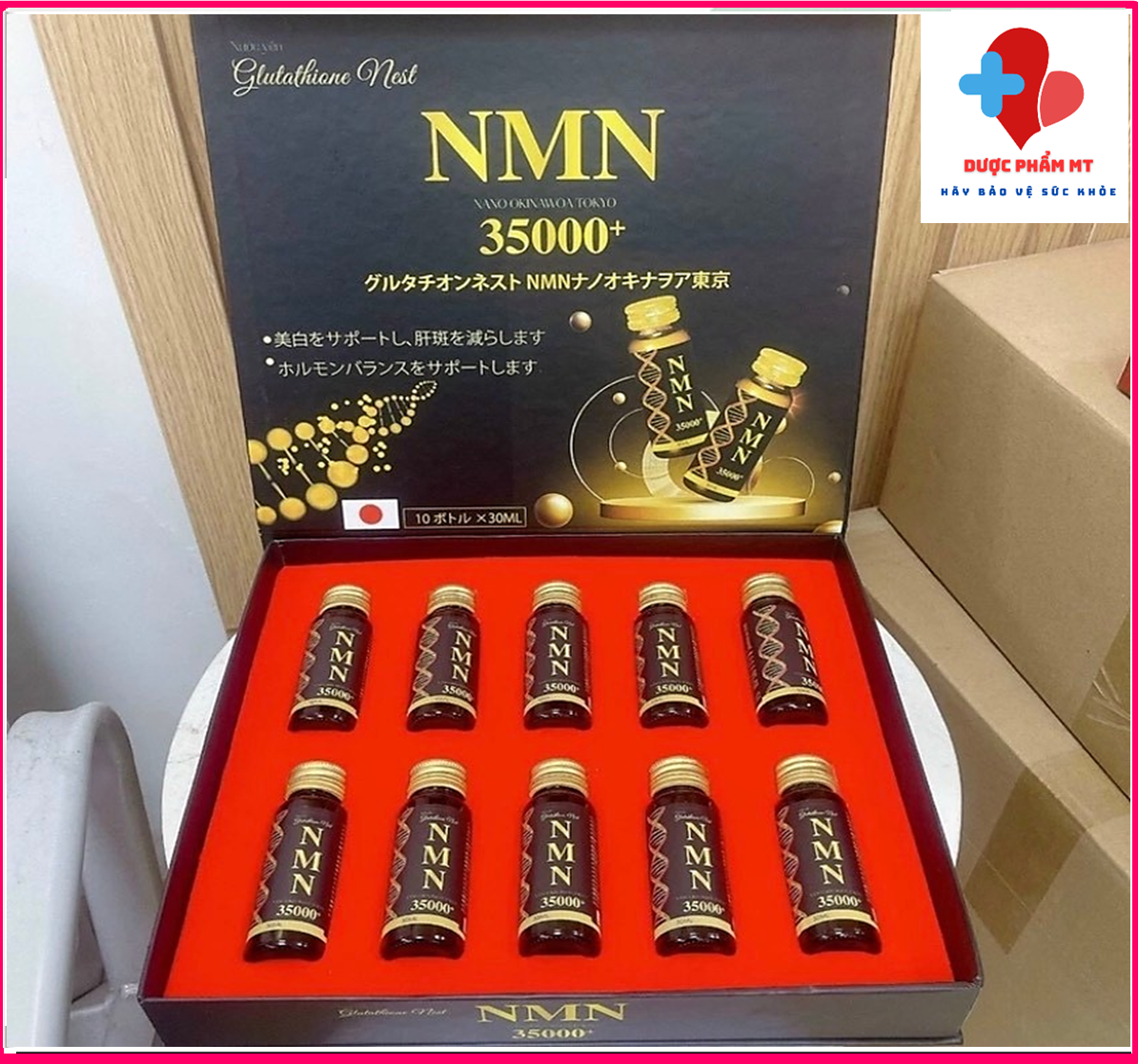 Nước uống NMN Collagen Plus 35000+ hỗ trợ trắng da cấp tốc từ bên trong , đẹp da, giảm nám, giảm nhăn, chống lão hoá, tăng nội tiết tố nữ- Hộp 10 lọ- Dược Phâm MT