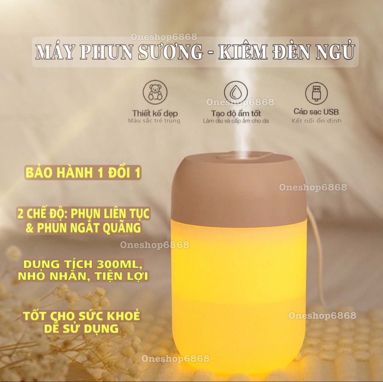 Máy Xông Tinh Dầu Đèn Ngủ - Máy Phun Sương Tạo Ẩm 300ml Mx05