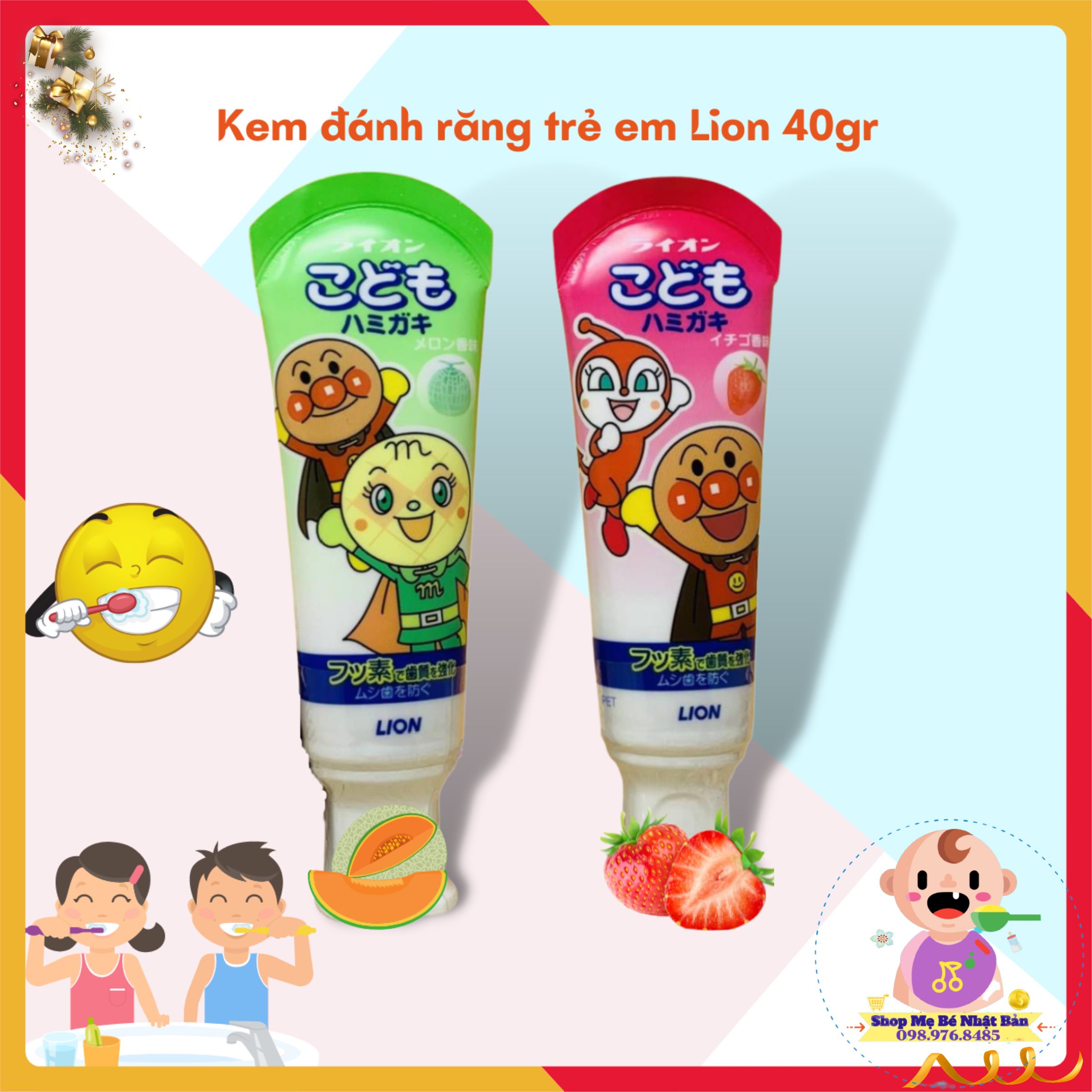 Kem đánh răng trẻ em lion vị trái cây 40gram nhật bản - nuốt được, bảo vệ răng cho bé