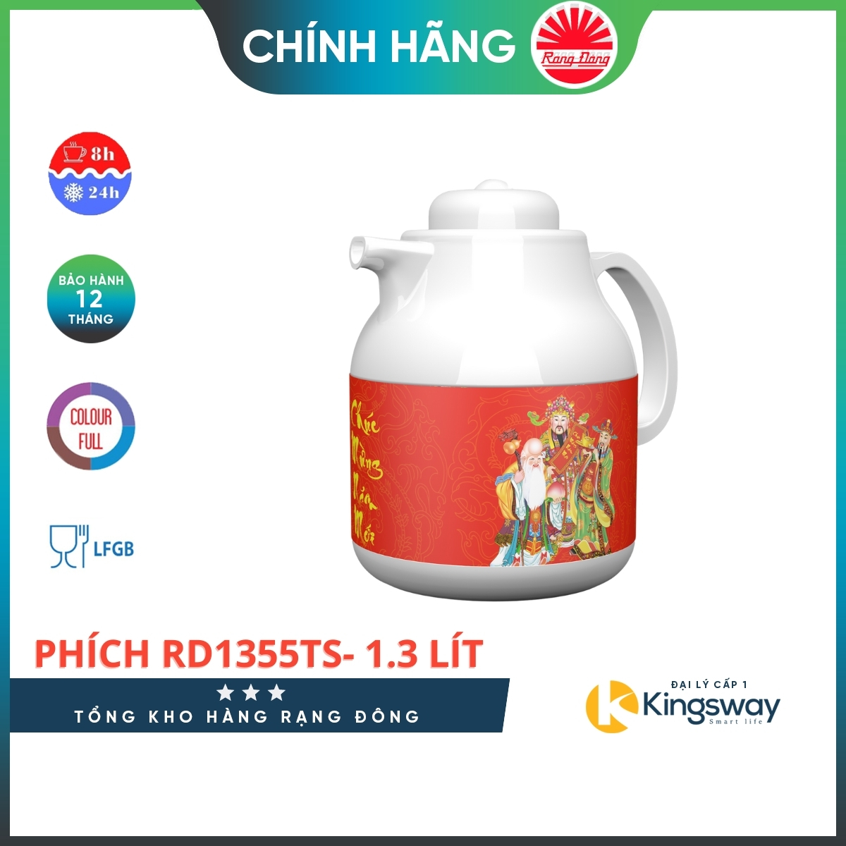 Phích pha trà rạng đông 1355 ts, phích giữ nhiệt kèm ngăn lọc trà - dung tích 1,3 lít