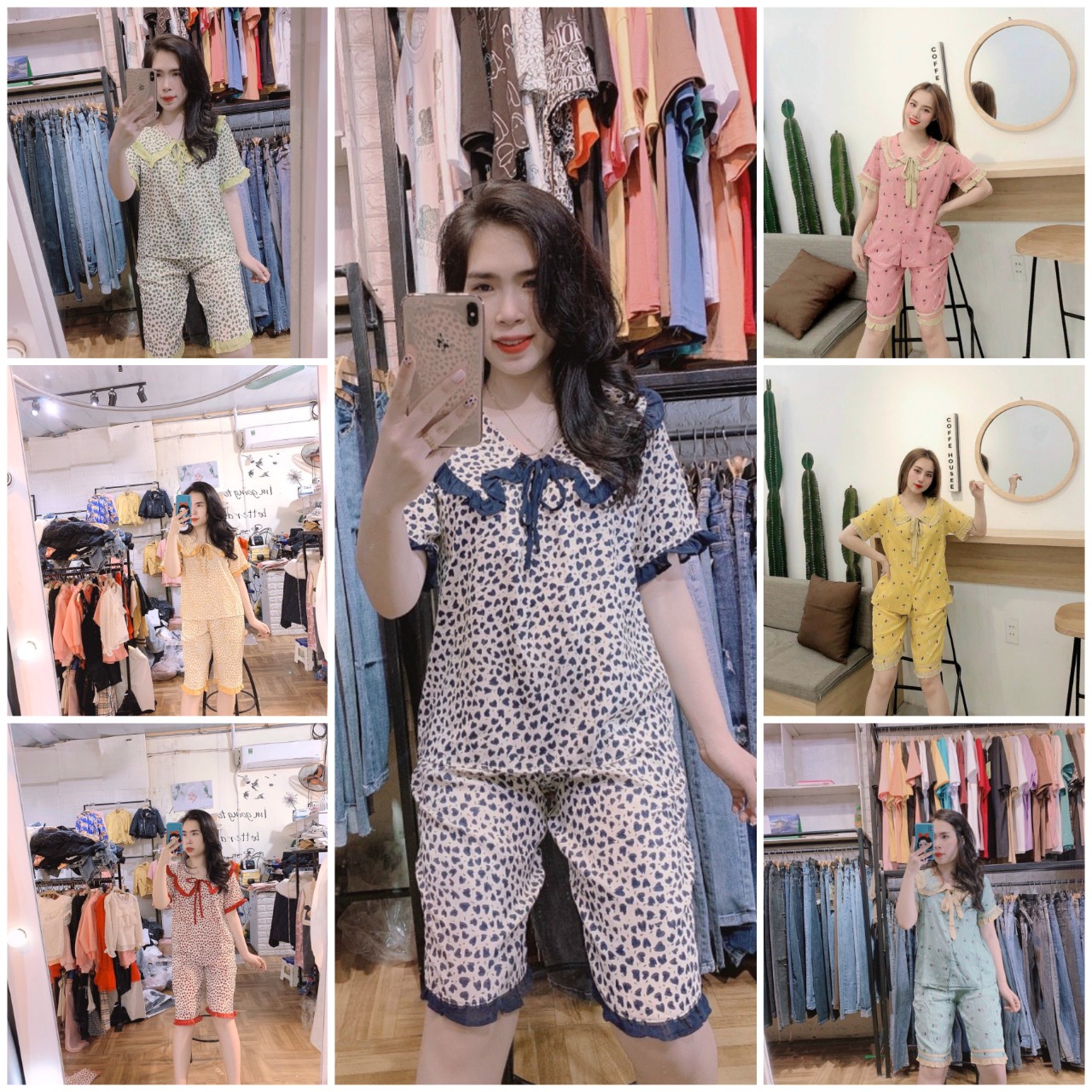 Đồ bộ lửng mặt nhà họa tiết nhỏ chất đũi cao cấp nữ