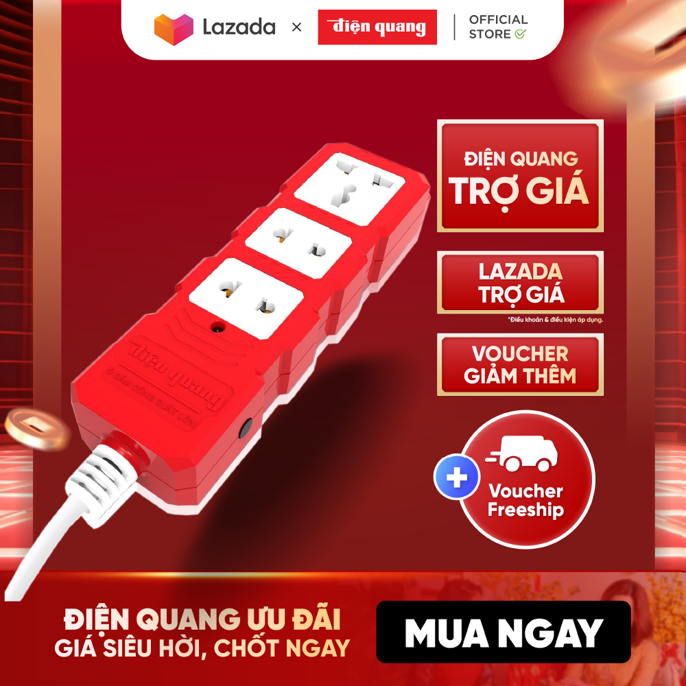 Ổ cắm điện đa năng Công suất lớn Điện Quang ĐQ ESKHP 2M (3 lỗ, dây dài 2m) công suất 4000W, BH 12 tháng