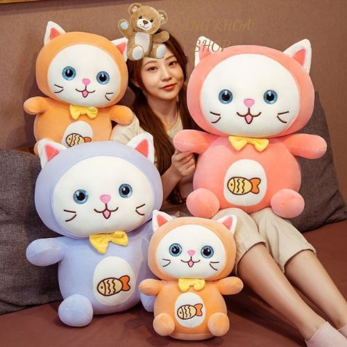 Gấu bông mèo thêu cá hồng miniso - gấu ôm mèo thêu cá - chất vải nỉ nhung hàn quốc cao cấp