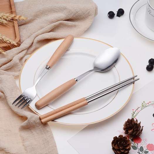 Bộ đũa, thìa, dĩa inox cán gỗ hộp đựng lúa mạch