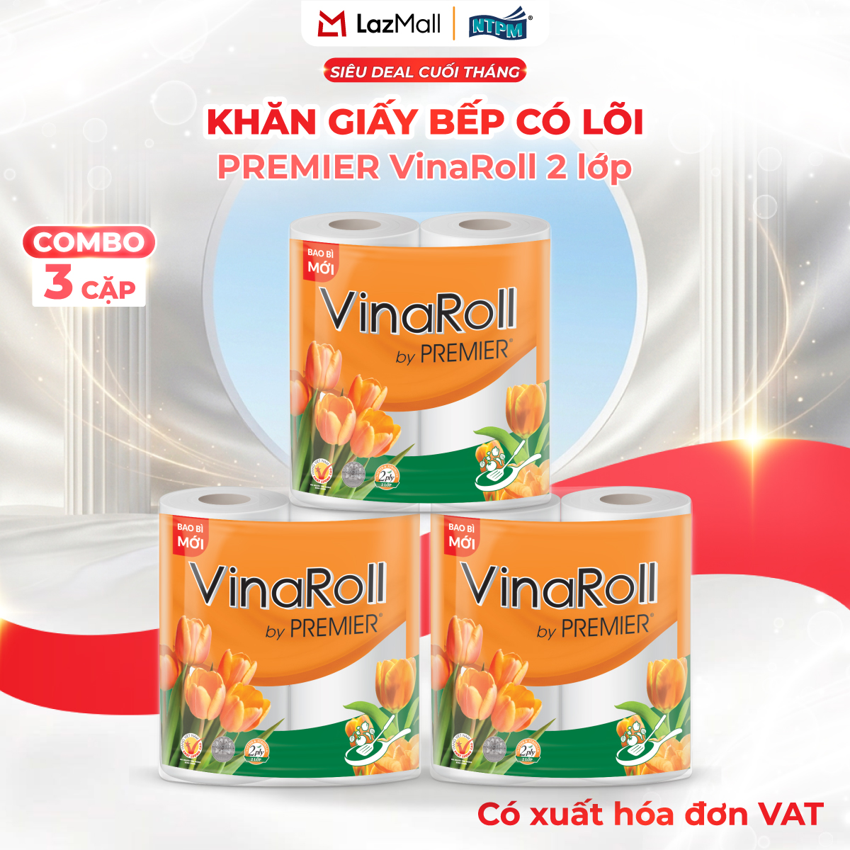 [COMBO 3 LỐC] Khăn giấy bếp PREMIER VinaRoll, 2 lớp – 100% bột giấy nguyên sinh, không chất tẩy, 2 cuộn/lốc – Chính hãng