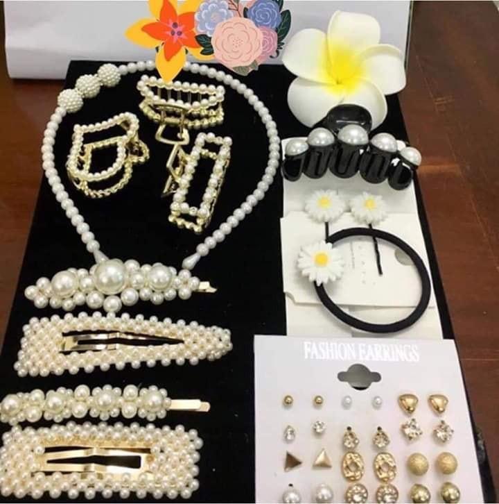 Set Kẹp Tóc kèm bông tai đủ món Ngọc Trai 23 chi tiết