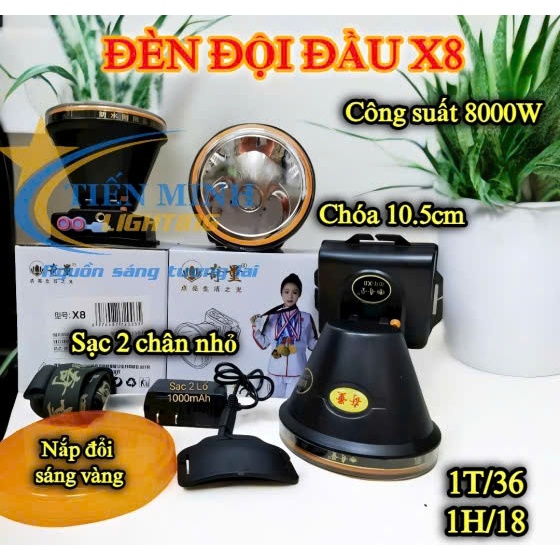 Đèn đội đầu X8 800W ánh sáng trắng vàng có 2 chế độ sáng thiết kế gọn nhẹ mang đi rừng, đi soi ếch, đi đêm
