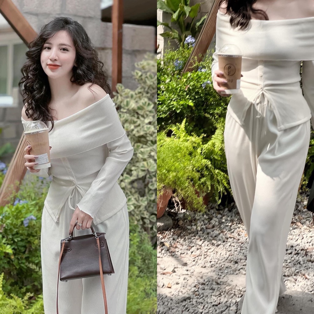Set len tăm trễ vai quần ống suông 2 màu đen trắng