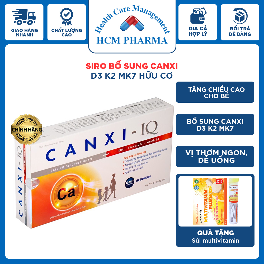 [FREESHIP+QUÀ 29K] siro bổ sung canxi D3 K2 MK7 hữu cơ cho bé và bà bầu phụ nữ người lớn CANXI-IQ 20 ống 10ml HCM PHARMA bổ sung canxi cho cơ thể BPC02