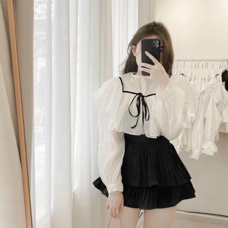 Áo sơ mi nữ kiểu công chúa voan phối viền bèo xinh smvb / áo sơ mi công sở nữ phối viền cực đẹp