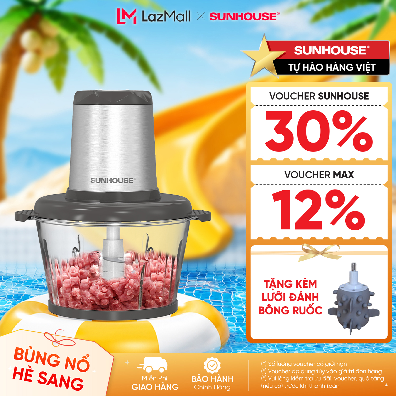 [Free Grinding Blade Code 350W] Sunhouse Shd5403/Shd5405 Meat Grinder, 300W/350W Capacity, 1.8L Capacity - 03 Convenient Grinding Modes - Glass Jar, Safe for Health