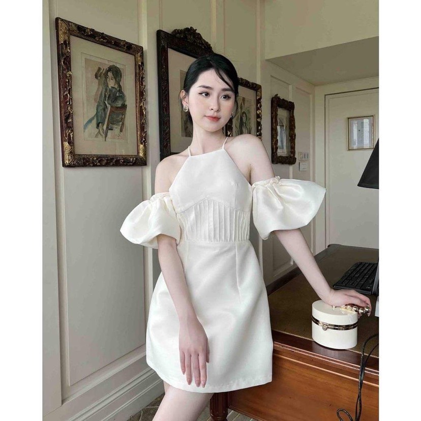 Đầm dự tiệc cổ yếm tay rớt chất phi dầy dặn - Rebecca