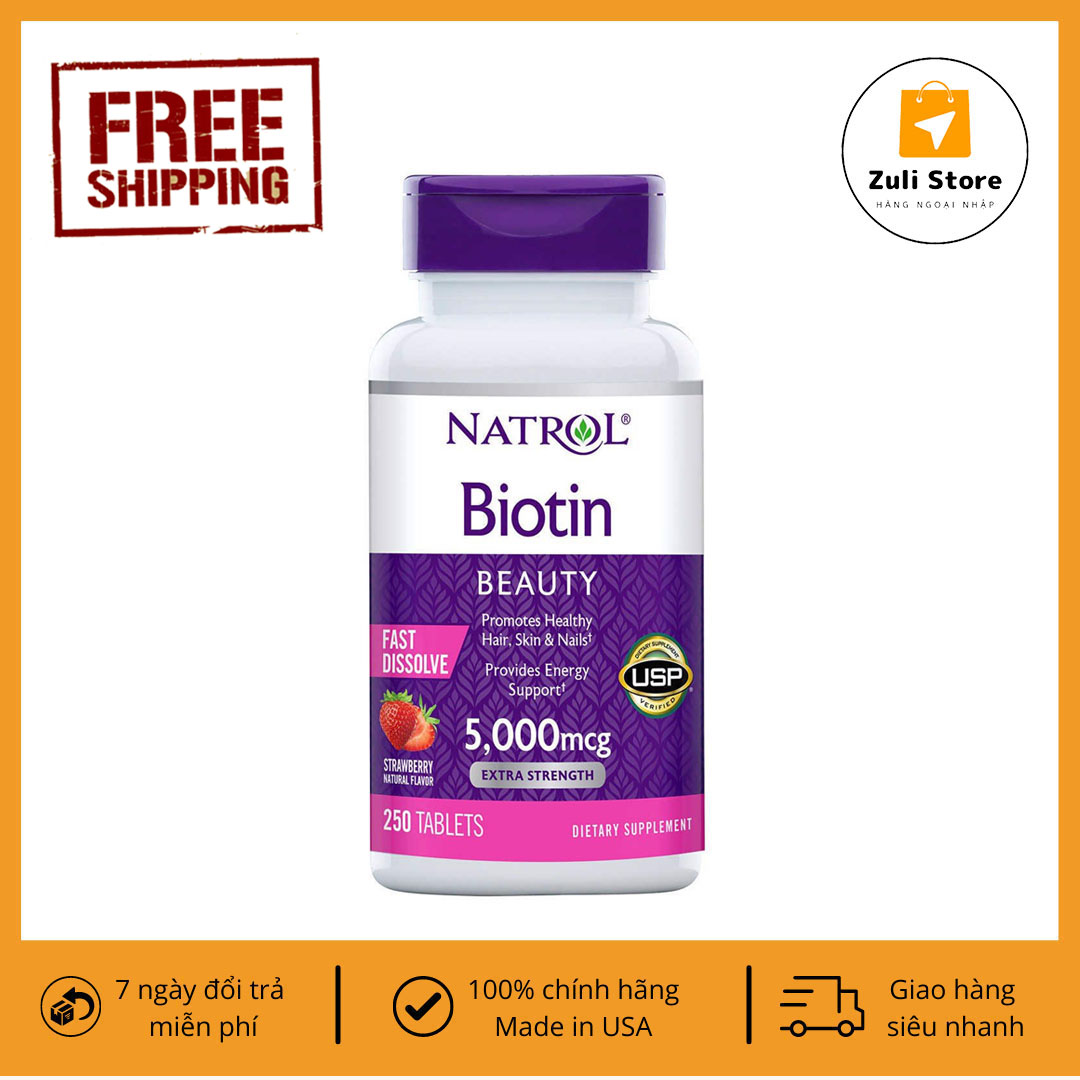 Viên ngậm hỗ trợ mọc tóc Natrol Biotin 5000mcg 250 Viên - Biotin 5000 mcg