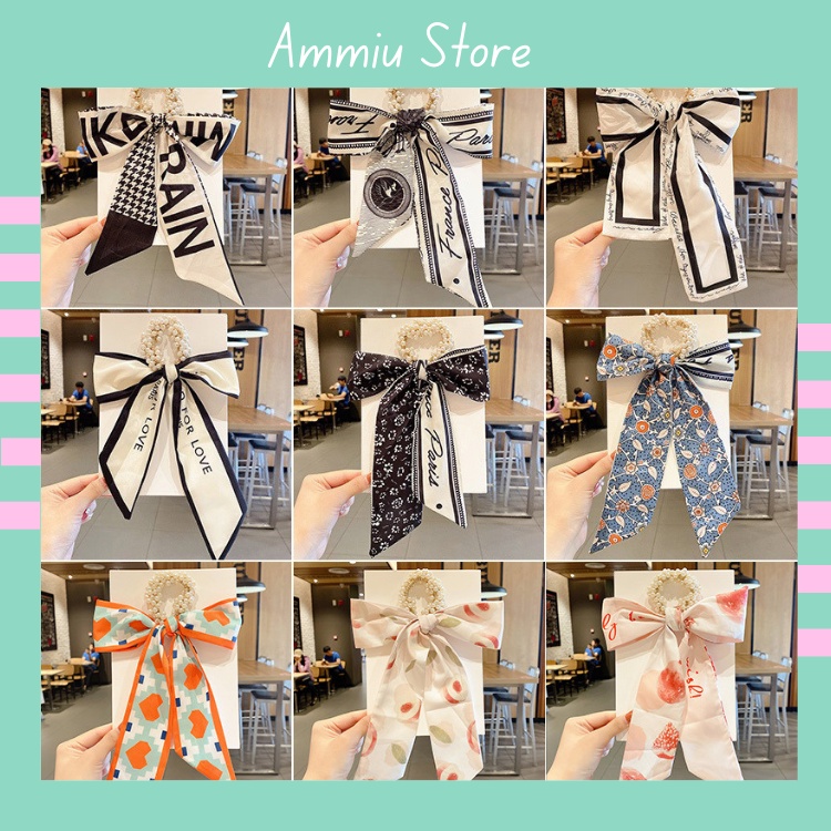 Cột tóc scrunchies phối nơ tiểu thư họa tiết xinh xắn thời trang cổ điển cho nữ Ammiu CT3002