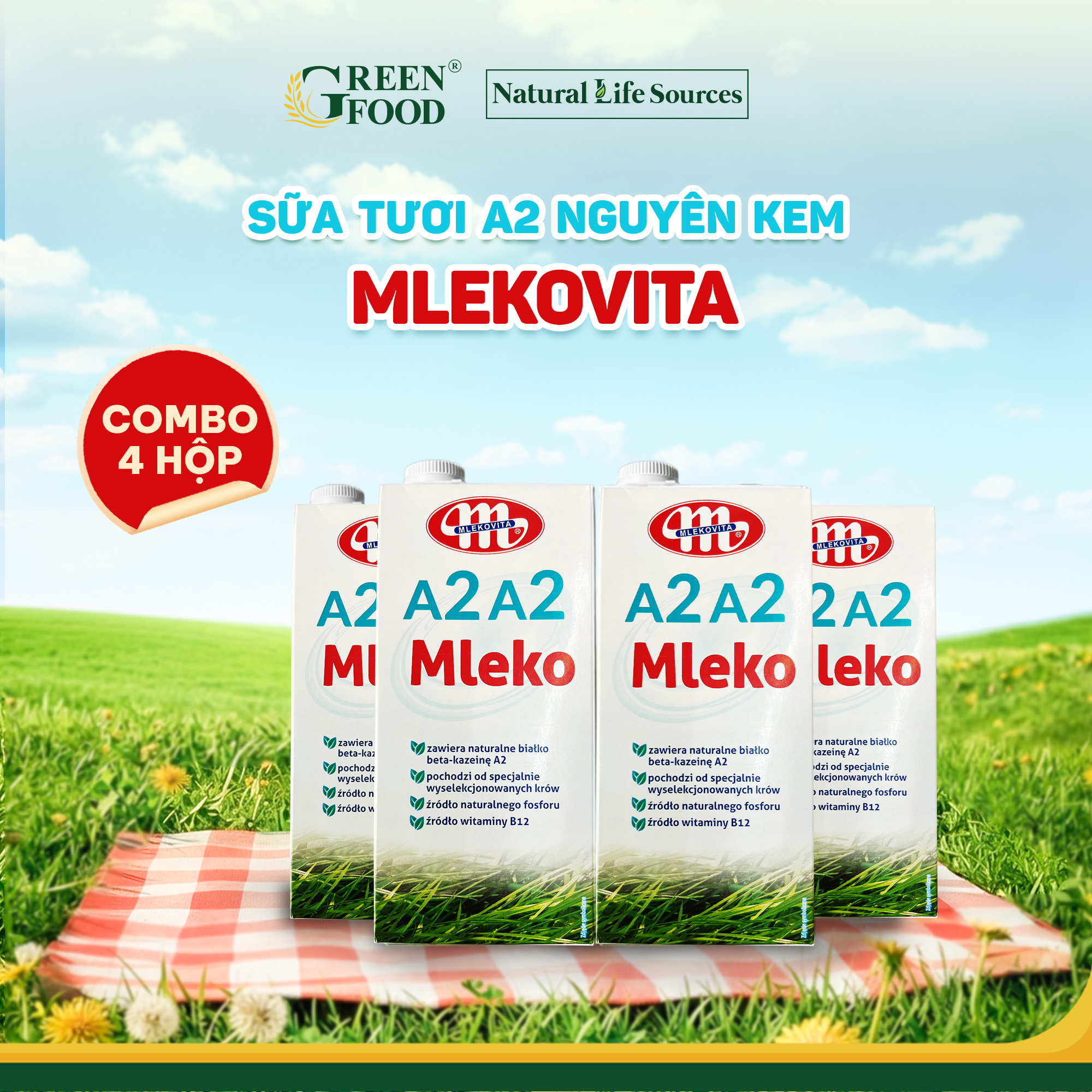 Combo 4 Hộp Sữa Tươi Mlekovita A2A2 Nguyên Kem Cao Cấp - Hộp 1L nhập khẩu Ba Lan, Độ Béo Cao 3.8 Dễ Tiêu Hóa Giàu Đạm và Canxi