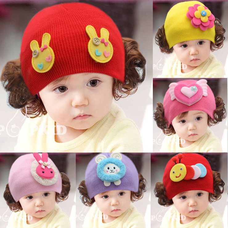 Mũ len 2 lớp kèm tóc giả đáng yêu cho bé gái