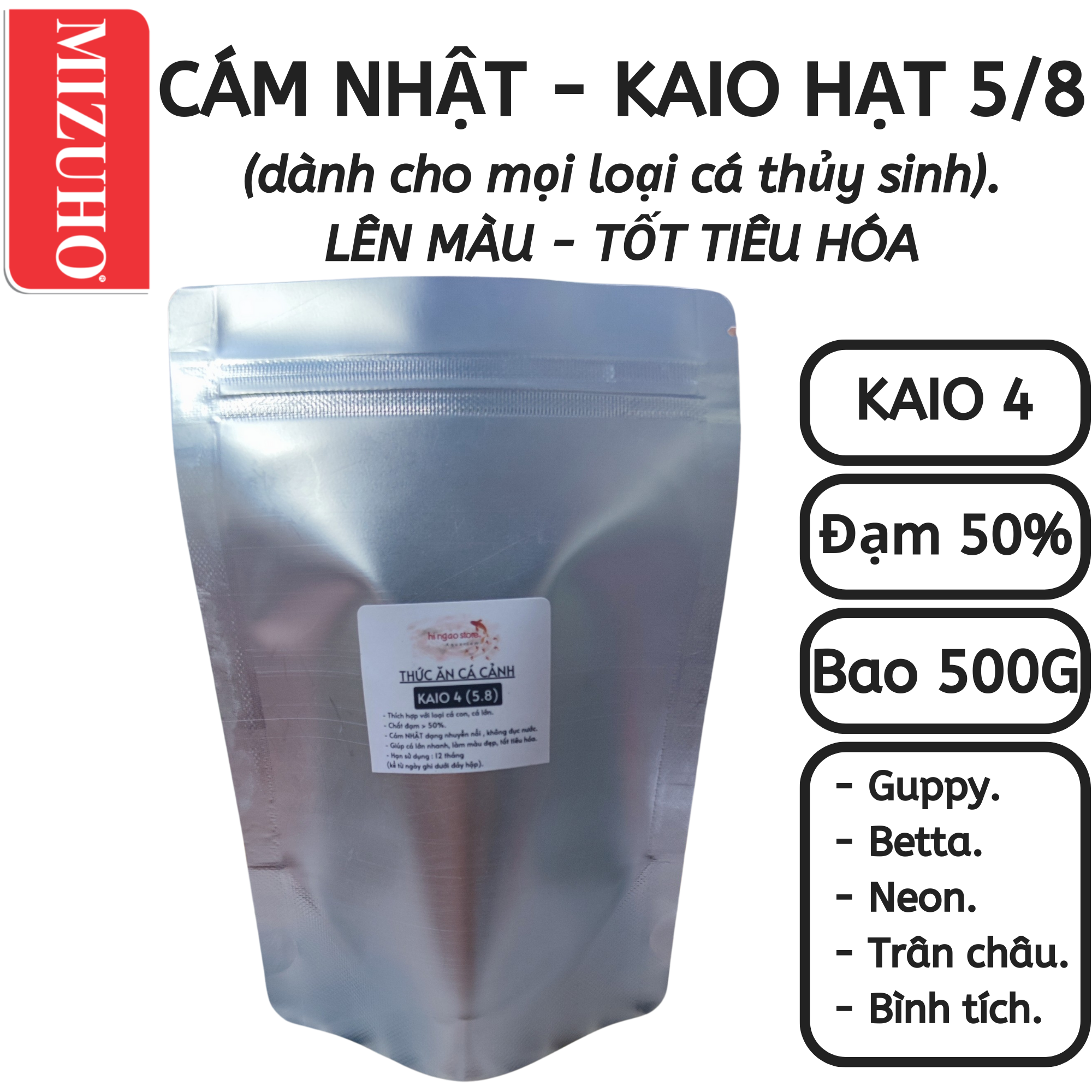 Bao 500g cám kaio 4 hạt 5/8 - 5.8 - thức ăn cám cá 7 màu, cá betta, mún, bình tích, trân châu nhật bản giúp cá lớn nhanh, lên màu đẹp | hingaostore.