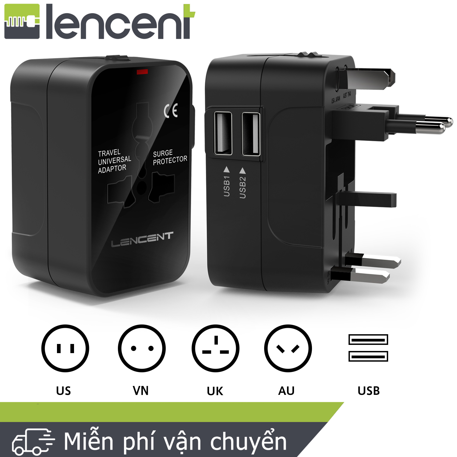 Bộ chuyển đổi du lịch toàn cầu Bộ điều hợp nguồn LENCENT với Vương quốc Anh/Hoa Kỳ/Việt Nam/AUS Du lịch trên toàn thế giới Cắm 2 cổng sạc USB Bộ chuyển đổi tường quốc tế cho iPhone iPad Điện thoại Android Máy tính bảng