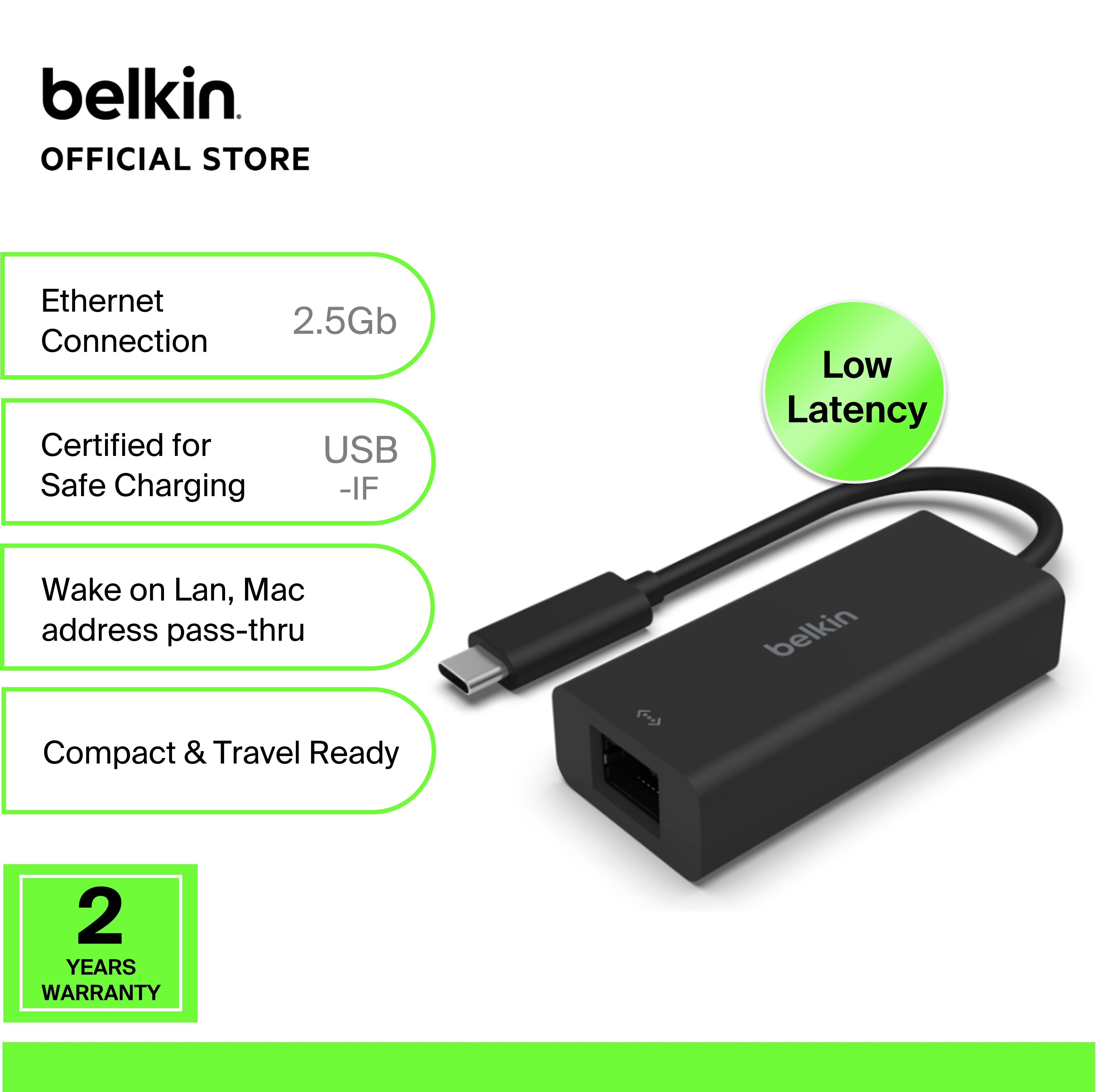 Adapter chuyển đổi belkin usb-c to ethernet 2.5 gigabit màu đen inc012btbk