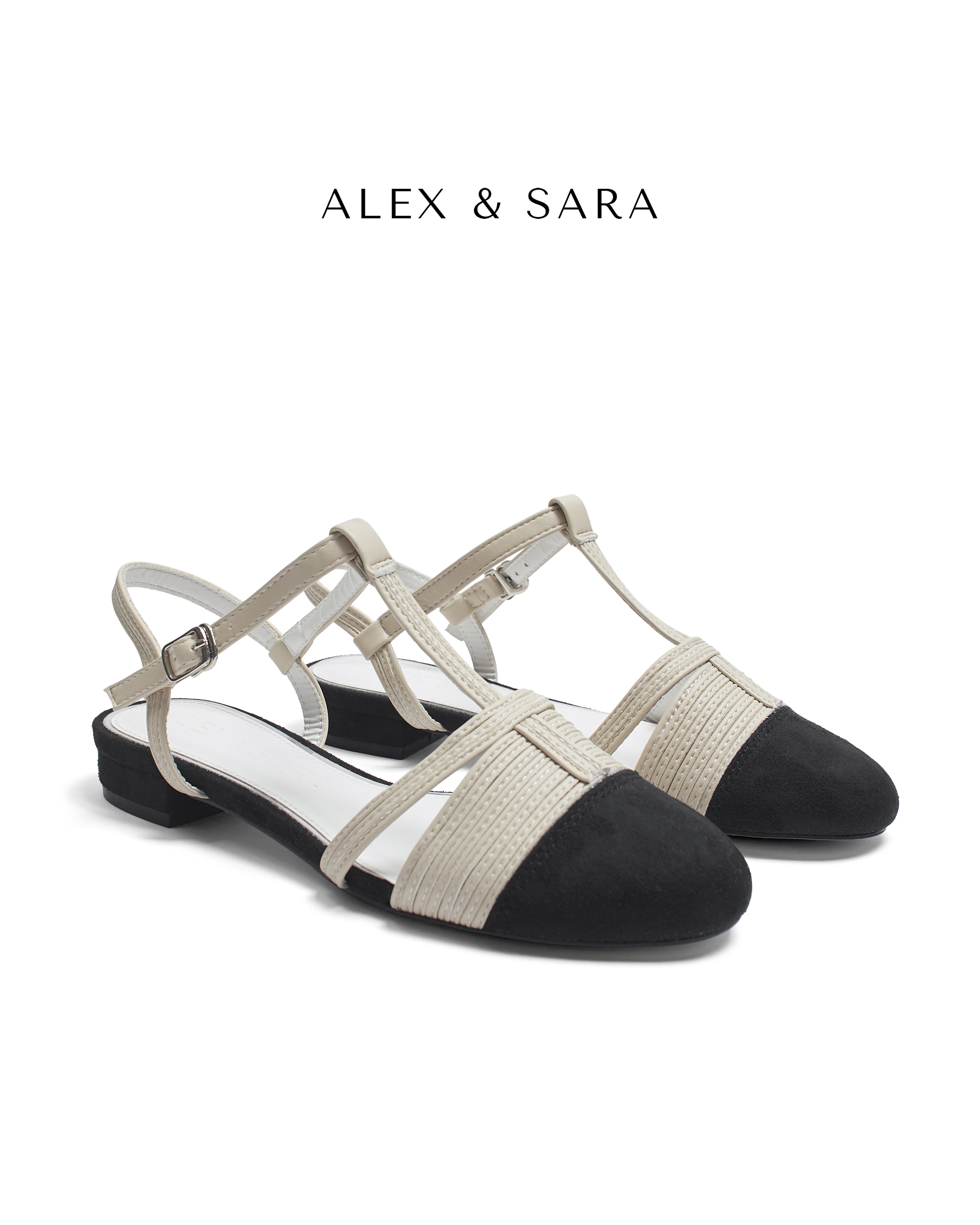  LT61- Sandal Bệt Phối Mũi Tròn Quai Chữ T Kiểu Dáng Vintage Nữ Tính Alex Sara 
