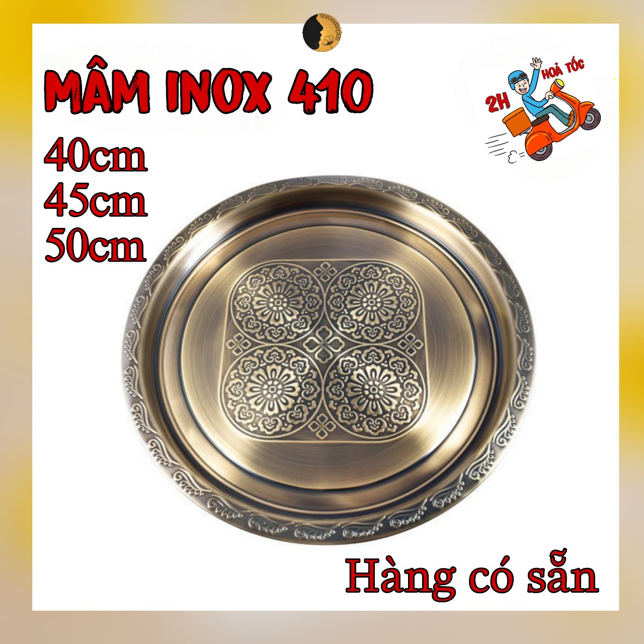 Mâm cơm inox vàng đồng tamushop92 mâm cỗ cúng khay tròn mạ màu đẹp cổ điển 50cm mi001