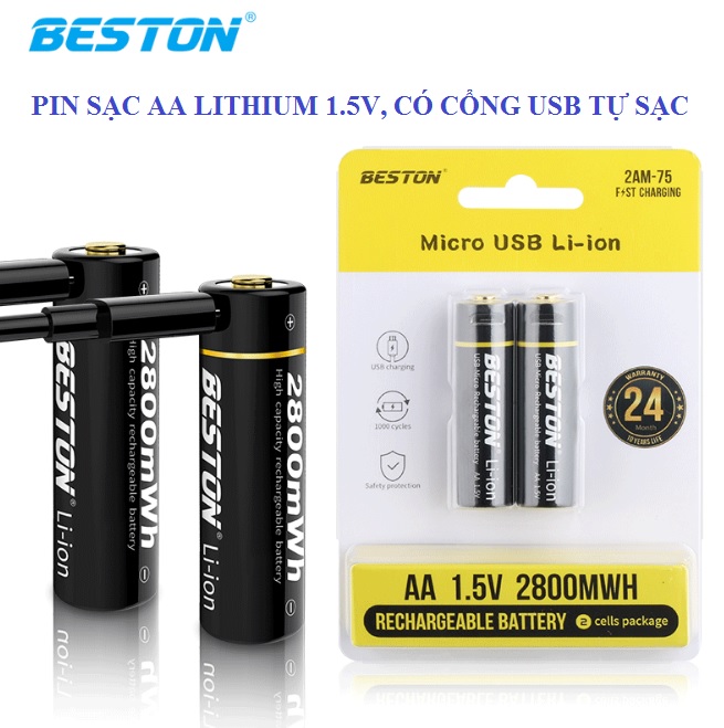 Bộ 2 Viên Pin Tiểu Sạc BESTON AA Lithium-ion 1.5V Tự Sạc Bằng Cổng USB Không Cần Bộ Sạc, Dùng Cho Máy Ảnh, Mic Hát Karaoke, Đồ Chơi, Đồng Hồ Treo Tường, Chuột Không Dây