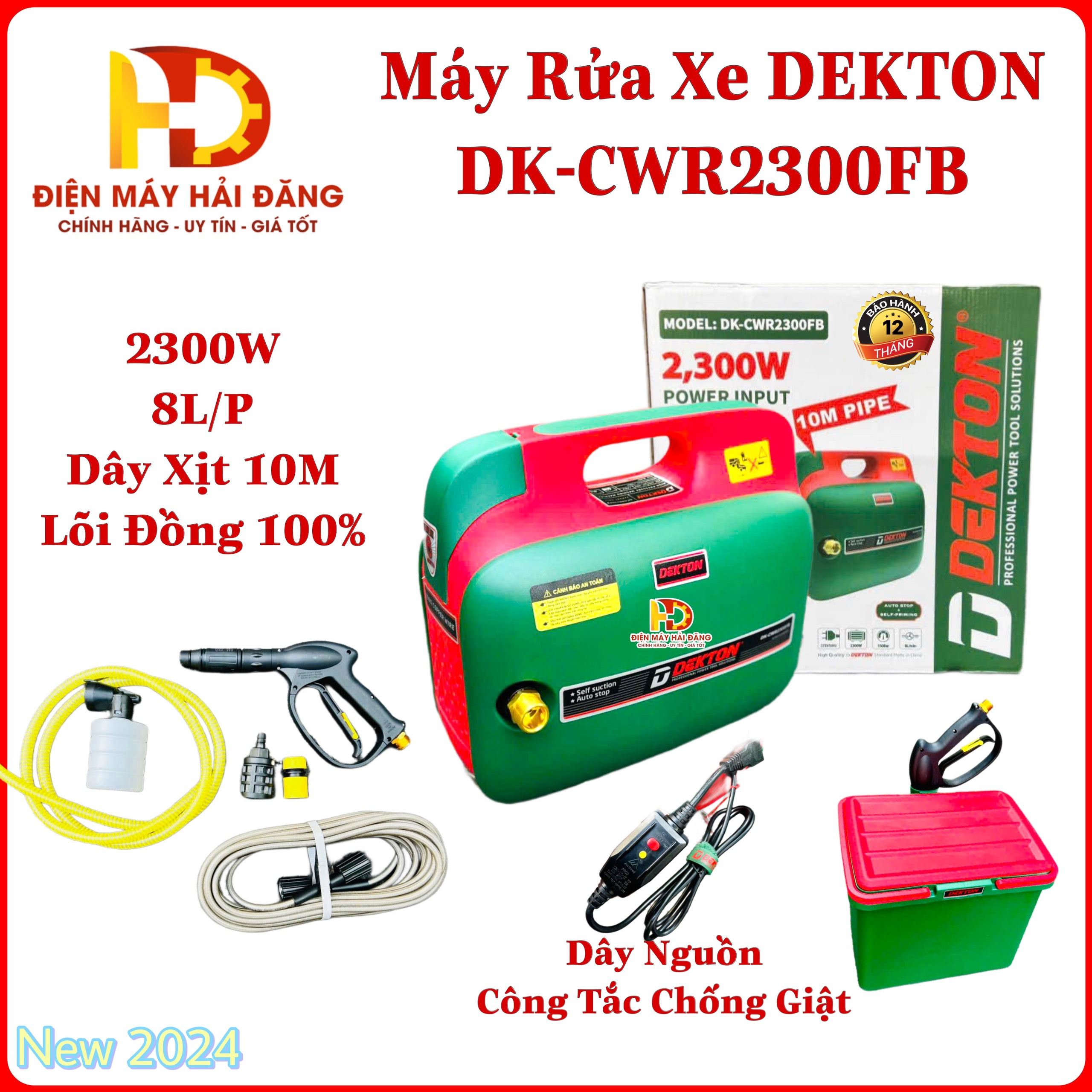Máy rửa xe DEKTON DK-CWR2300FB-Công suất 2300W Dây nguồn kèm role chống giật + 1 thùng nhựa.Sản phẩm bảo hành 12T