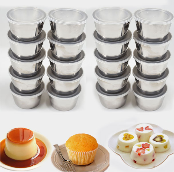 Combo 20 Khuôn Làm Bánh Flan Rau Câu Cupcake Inox 304 ( 7cm )  Nắp Nhựa Khít ( Tặng 20 Khuôn Rau Câu Không Nắp )