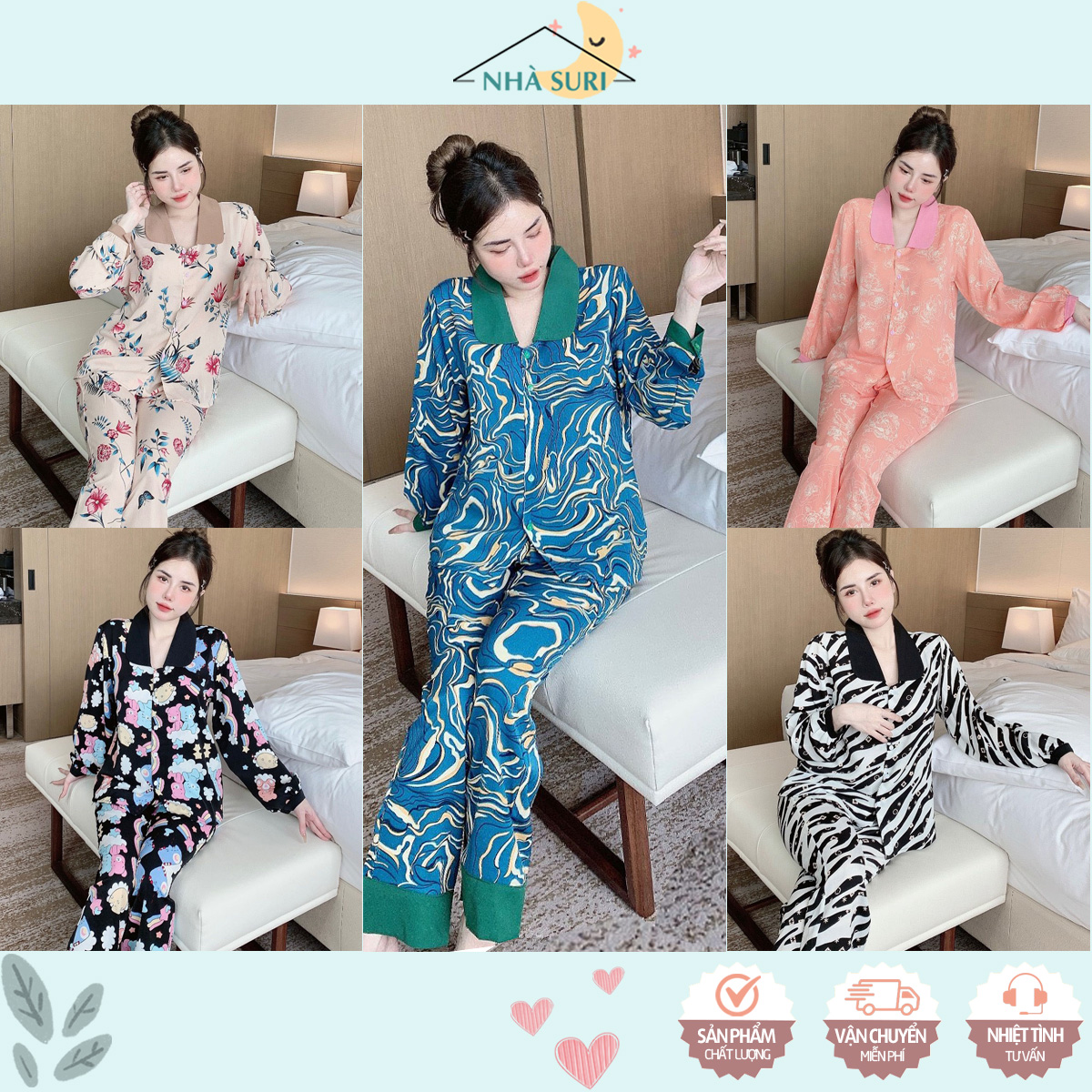 Đồ bộ cổ sen lụa mango mặc nhà mịn mát tay dài quần dài họa tiết dễ thương nhà suri