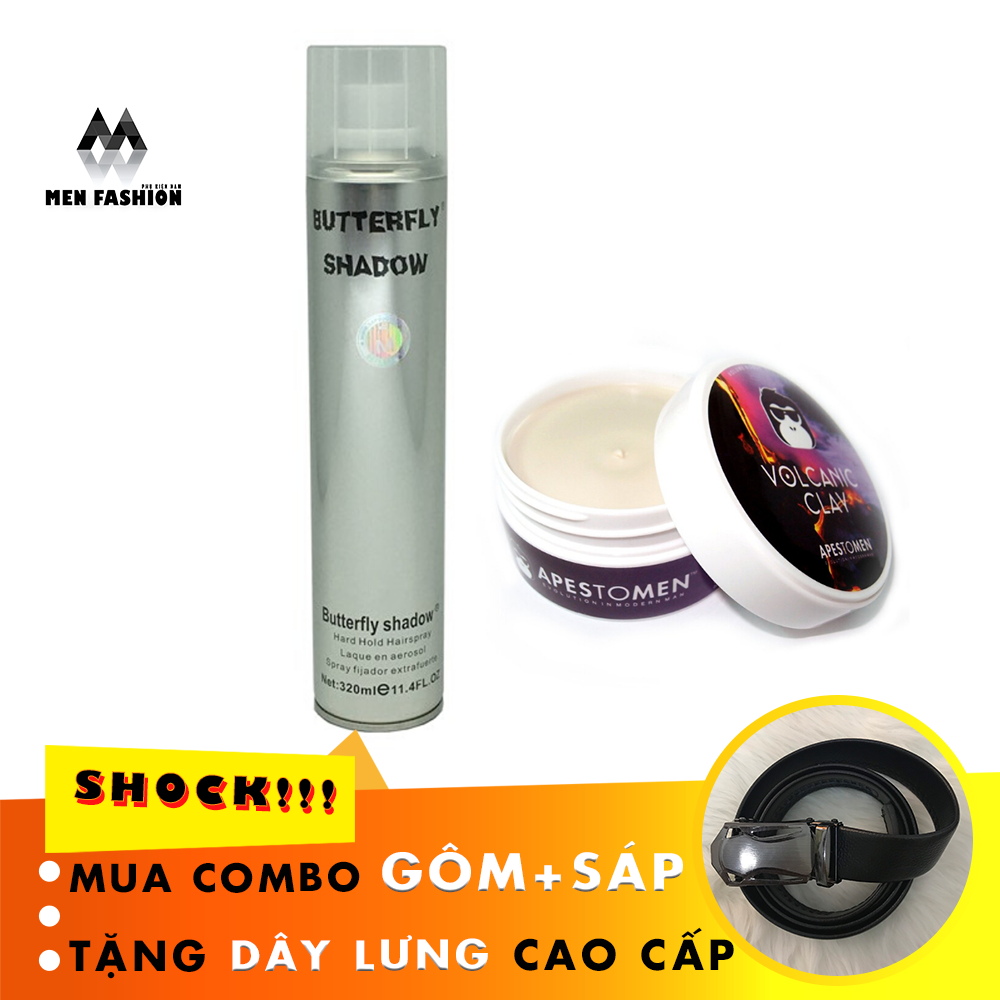Combo gôm 320ml + sáp volcanic, keo xịt tóc butterly shadow - gôm xịt tóc - keo vuốt tóc- sáp vuốt tóc nam nữ, gôm xịt tóc tạo kiểu chuyên nghiệp cho nam nữ 320ml- tạo cứng, không bóng, tặng dây lưng cao cấp