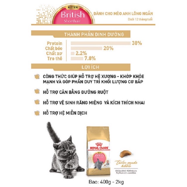 Thức ăn cho mèo Royal Canin British Shorthair Kitten. Dành cho mèo anh lông ngắn