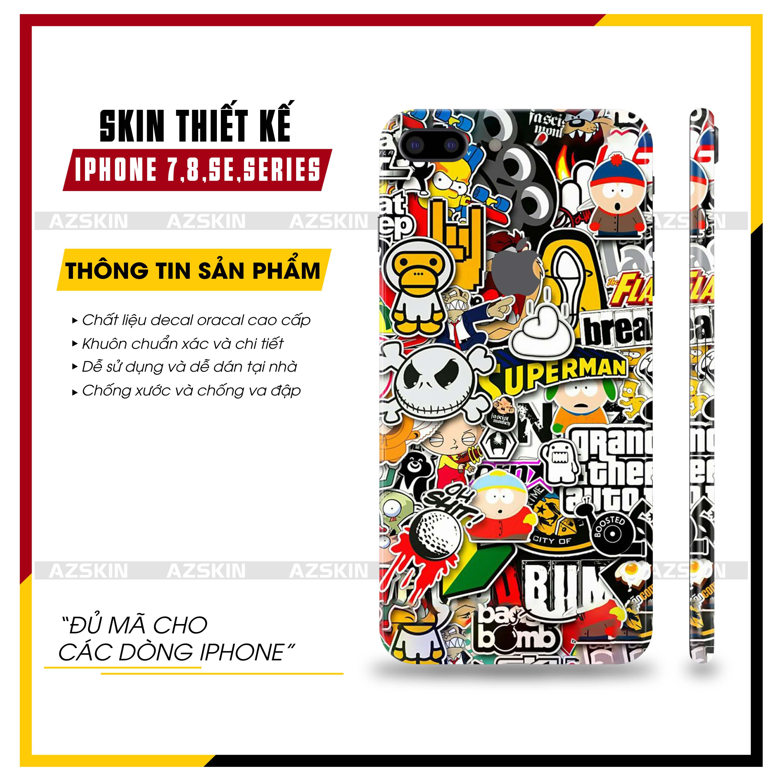 Miếng dán skin iphone 7/7 plus/8/8 plus/se hình patten |sk_ippt143| khuôn cắt cnc, dán full lưng viền iphone
