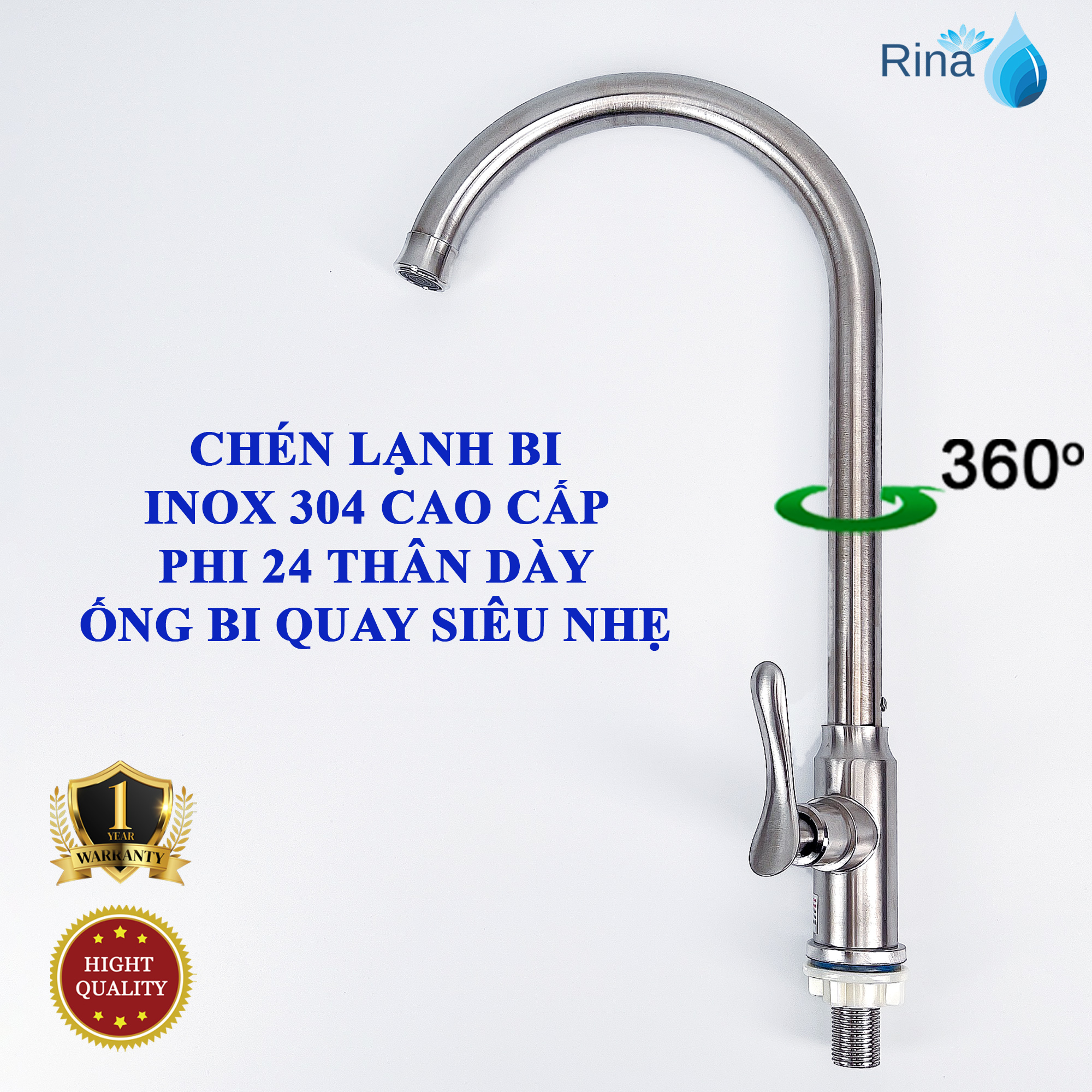 [304 BỀN BỈ] Vòi nước rửa chén bát lạnh inox sus 304 cao cấp Rina RN6033 phi ống 24 vĩnh viễn không han gỉ sắt