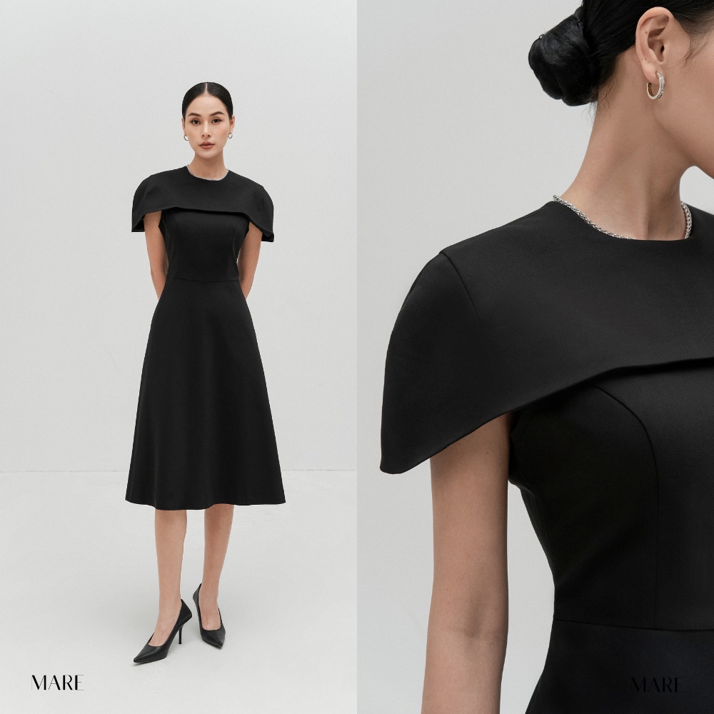 Mare - váy xoè a vai chùm màu đen - greta halfbow dress