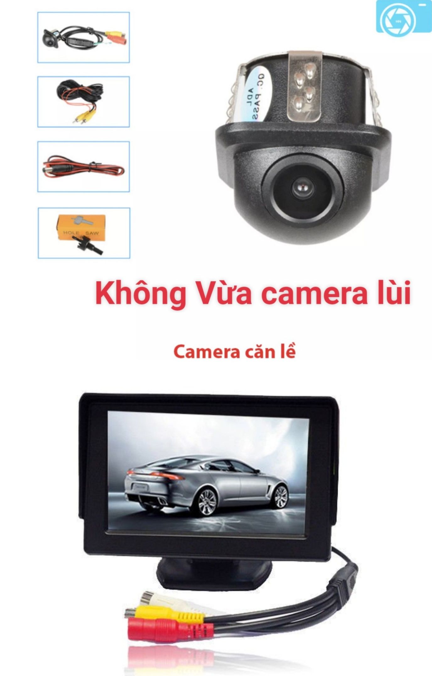 Combo camera cặp lề phải + màng hình 4,3 cho xe oto 12v không vừa cam lùi