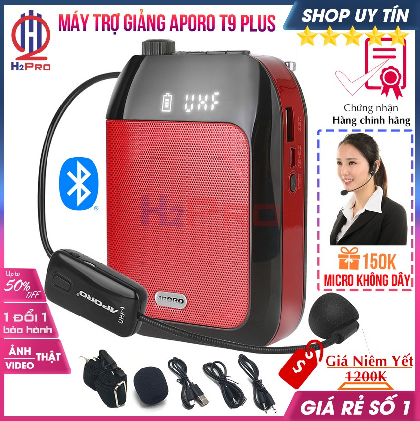 Máy trợ giảng không dây, loa trợ giảng aporo t9 plus uhf 15w cao cấp, bluetooth 5.0-usb-thẻ nhớ-đài fm - h2pro audio