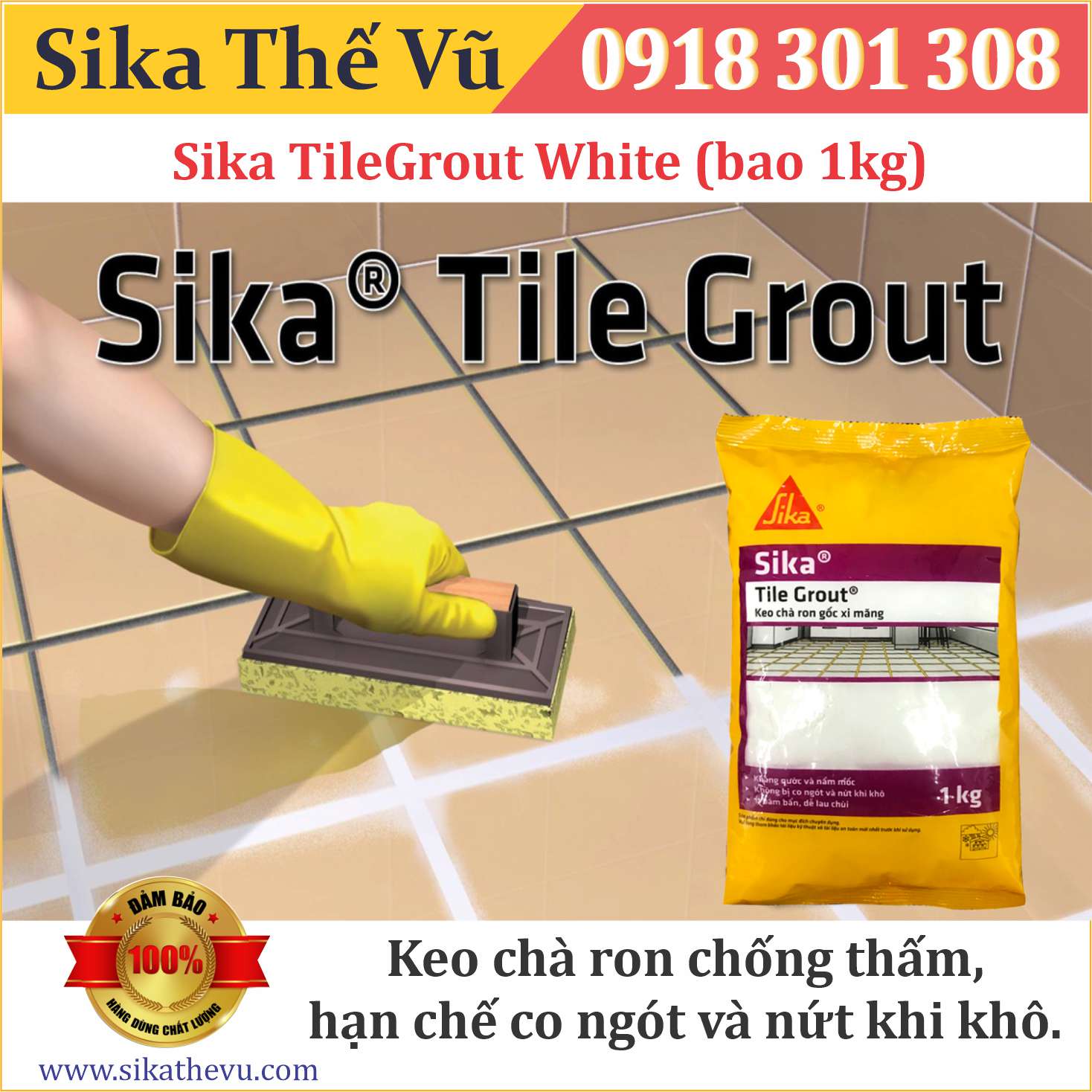 Keo chà ron chống thấm sử dụng trong nhà và ngoài trời _ Sika TileGrout White (Bao 1kg) _ SIKA THẾ VŨ