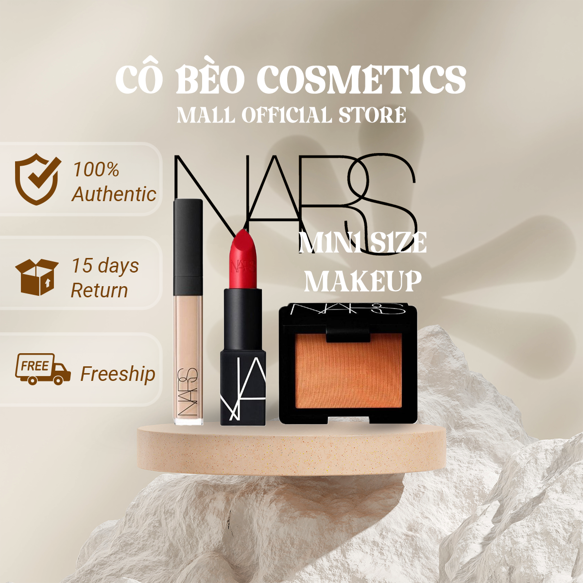 Set 3 Món Trang Điểm Nars Minisize (Che Khuyết Điểm, Son, Tạo Khối)