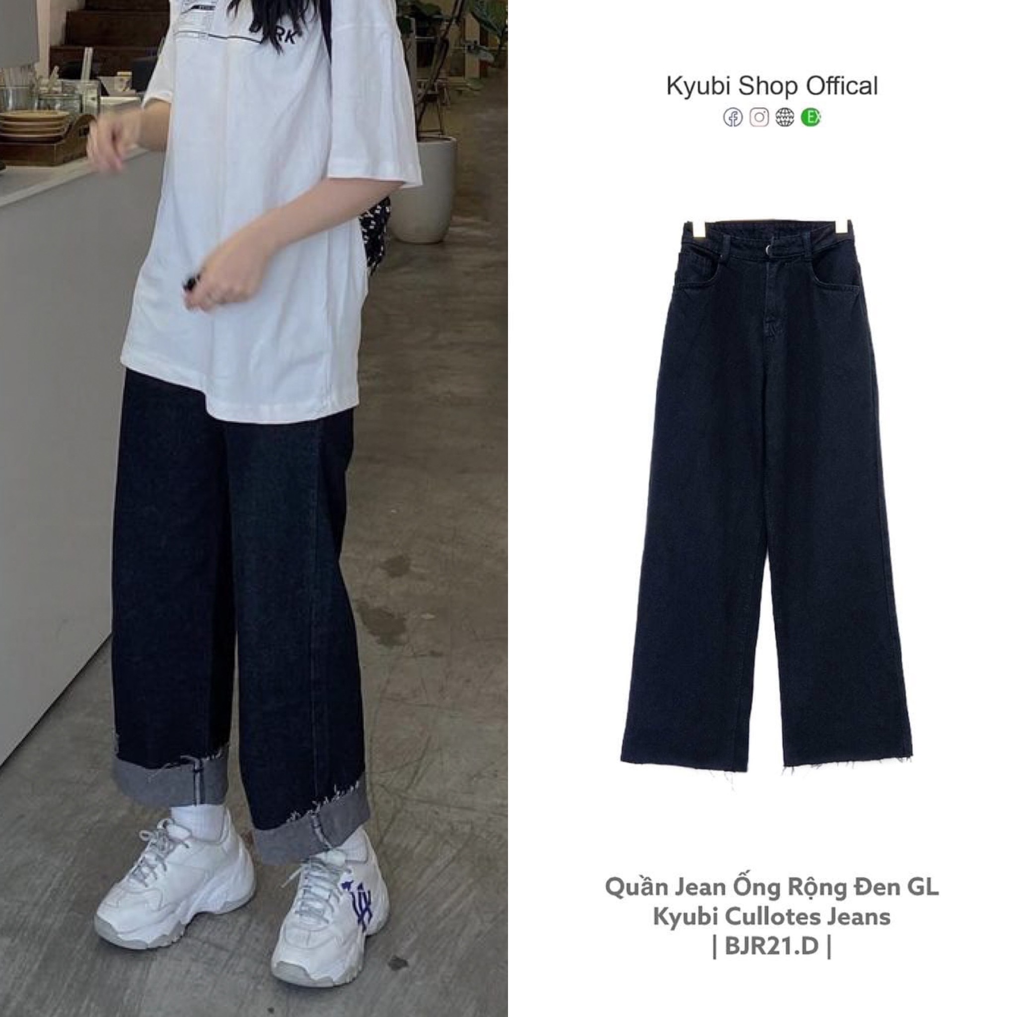 [VOUCHER 12%/149K] Quần Jeans Đen Ống Rông Gấp Lai Tua Cá Tính (Có Bigsize Size Đại) - Kyubi Baggy Jeans Suông Cullotes BJR21.D