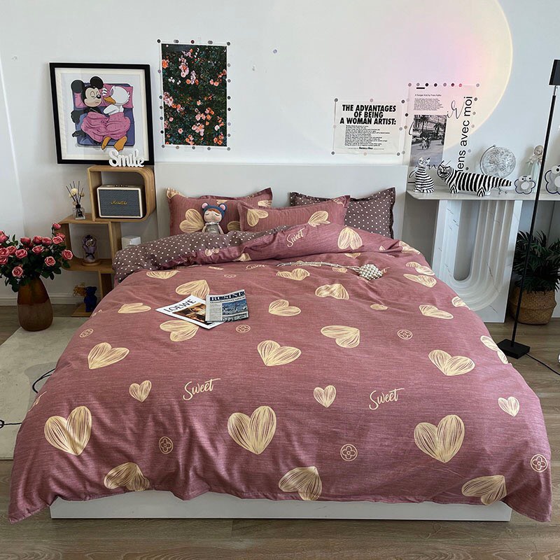 Bộ vỏ chăn ga gối 4 món Cotton Poly Lidaco tim hồng nâu