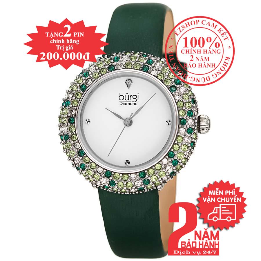 Đồng hồ nữ burgi bur227gn, vỏ bạc , mặt trắng , viền pha lê swarovski, dây da xanh , size 33mm- bur227gn