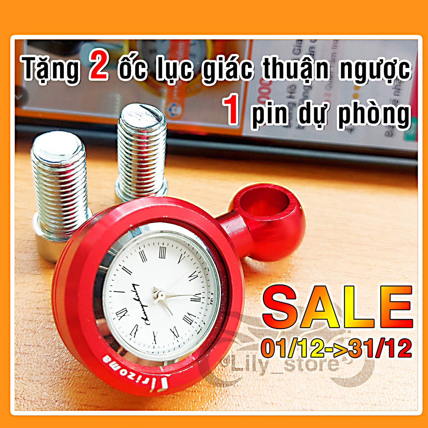 Đồng hồ mini gắn chân gương xe máy màu đỏ kèm ốc thuận ngược và pin dự phòng