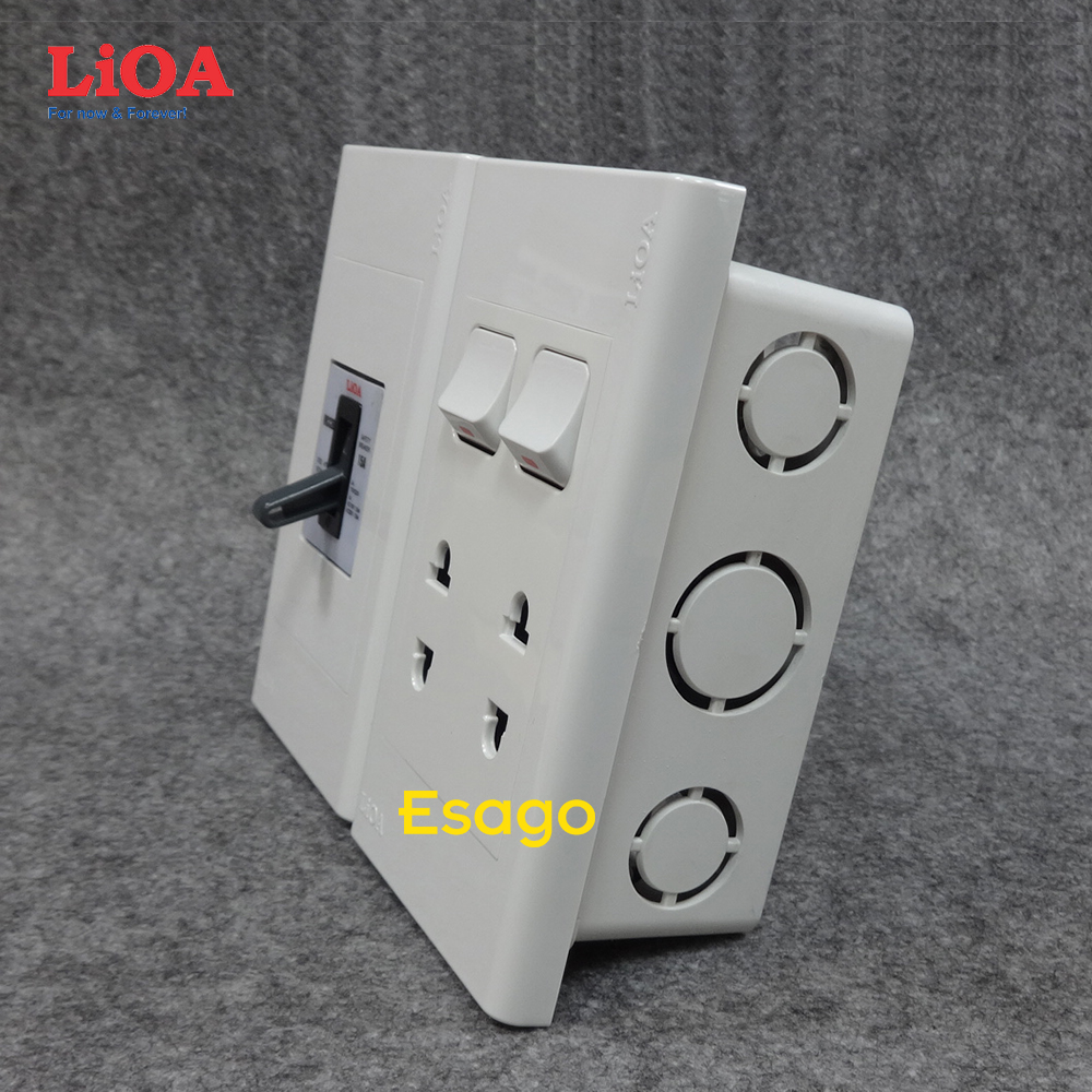 [HCM]Combo ổ cắm điện đôi 2 chấu 16A (3520W) + 2 công tắc điện LiOA có cầu dao chống quá tải 30A - Âm tường