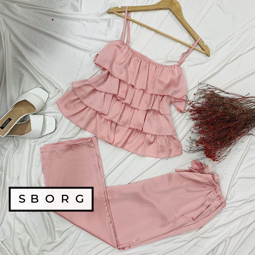 Đồ bộ mặc nhà SBORG bộ ngủ lụa latin 2 dây viền bèo 4 tầng dễ thương phối quần dài có túi và nơ đáng yêu freesize dưới 55kg quà tặng Vợ, thoải mái mặc ngủ ở nhà hoặc đi ra ngoài