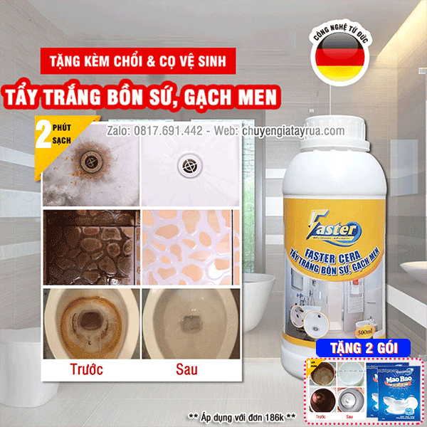 (SIÊU MẠNH) Dung Dịch Tẩy Trắng Gạch Men, Sàn Nhà Tắm, Bồn Cầu, Bồn Sứ Nhà Vệ Sinh Ố Vàng, Xỉn Màu Lâu Ngày Faster Cera 500ml (Tặng Thêm 2 Phụ Kiện Vệ Sinh)